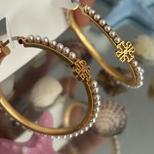 Tory Burch Gold and Silver Pearl Hoop Earrings
